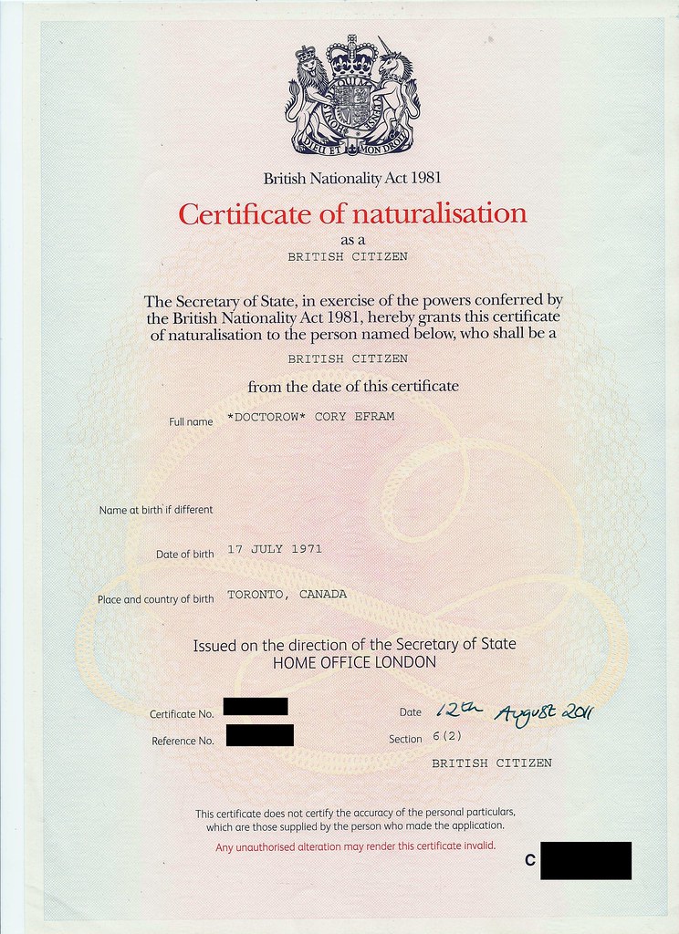UK Naturalisation Certificate
